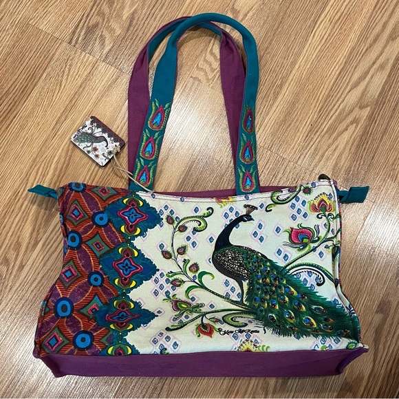 Kate McRostie Sequins Beaded Peacock Zippered Canvas‎ Tote Bag - Picture 1 of 11